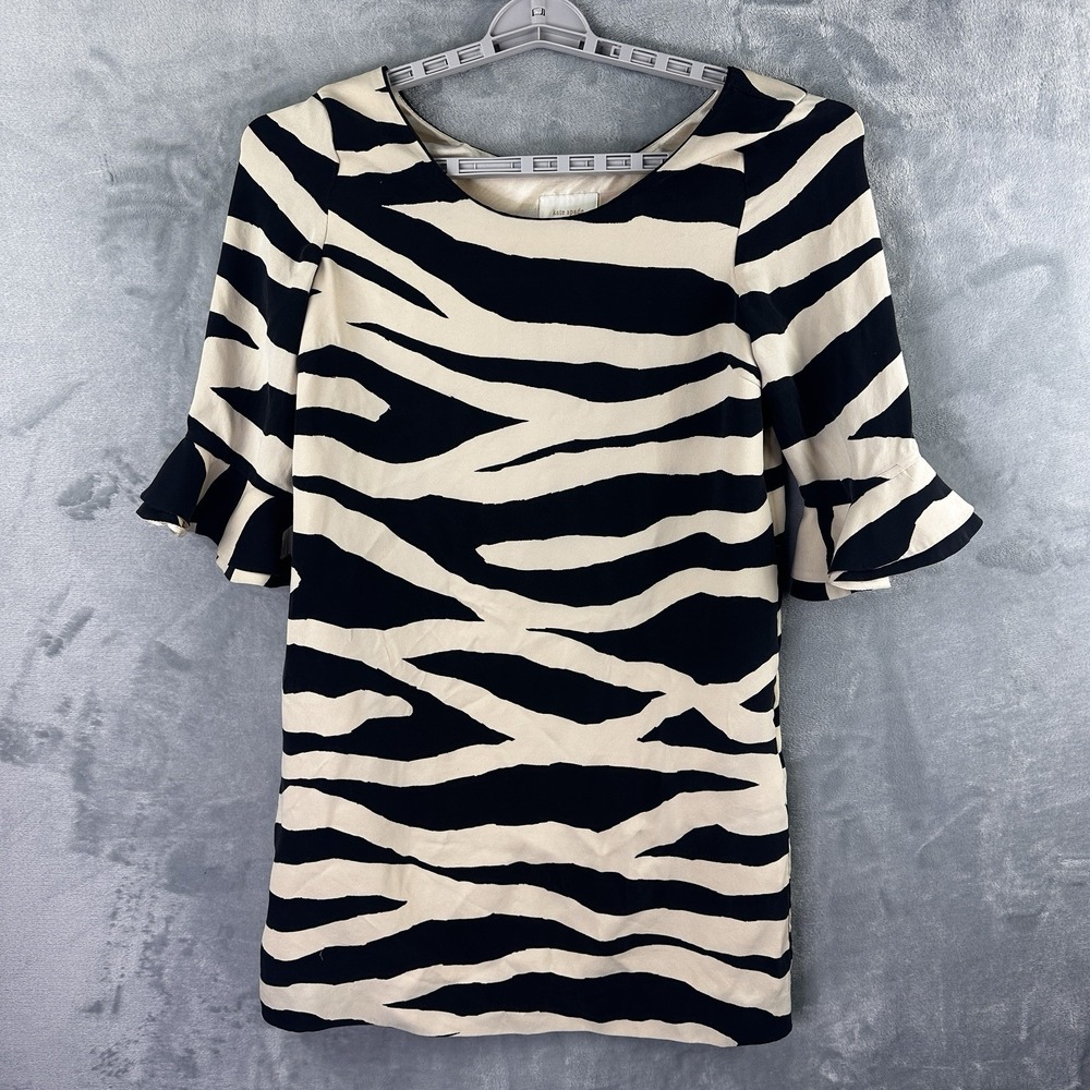 Kate Spade 100% Silk Zebra Print Shift Dress Ruffle Cuff Pockets Cream Black 8